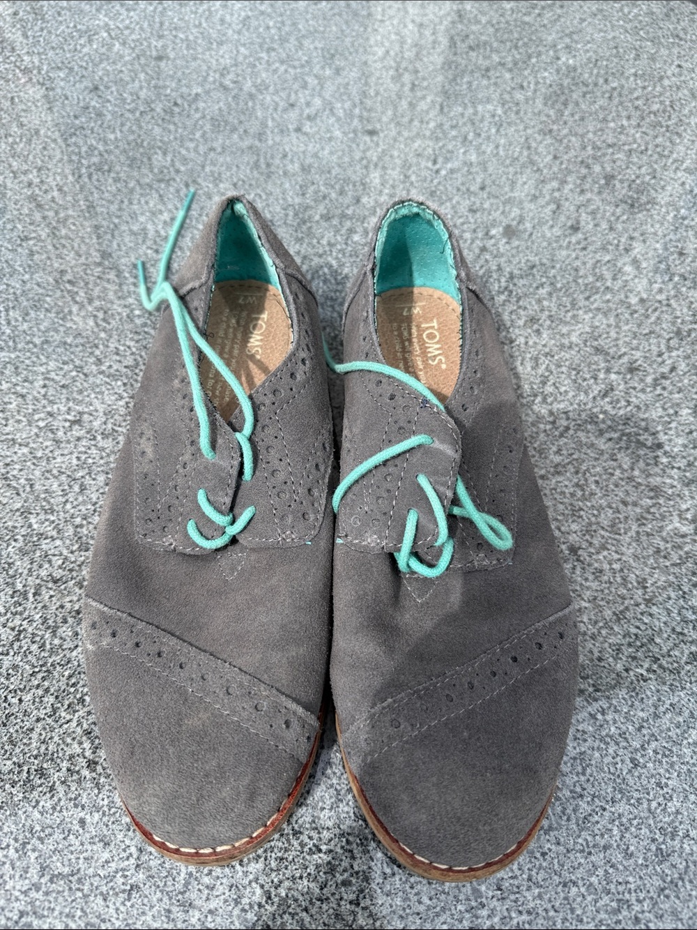Toms Gray Suede Oxfords with Teal Accents